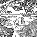 Tegning av en kvinne som ser opp i et tre